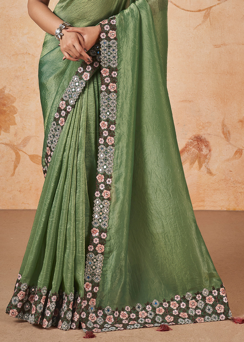 Kelly Green Banarasi Crush Silk Saree having Thread, Sequence, Cord Embridered with Stone & Moti work