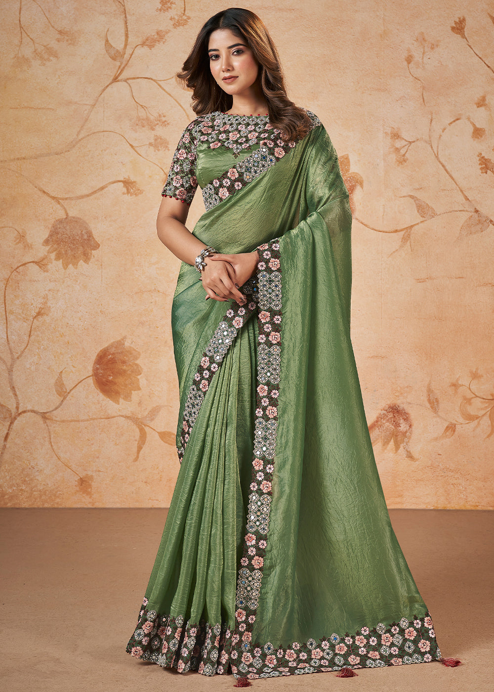 Kelly Green Banarasi Crush Silk Saree having Thread, Sequence, Cord Embridered with Stone & Moti work