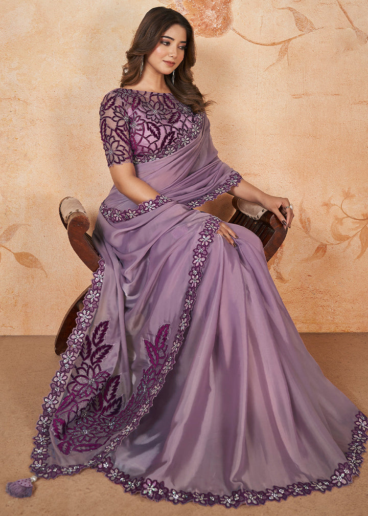 Amethyst Purple Satin Silk Saree having Sequence & Cord Embridered with Stone work