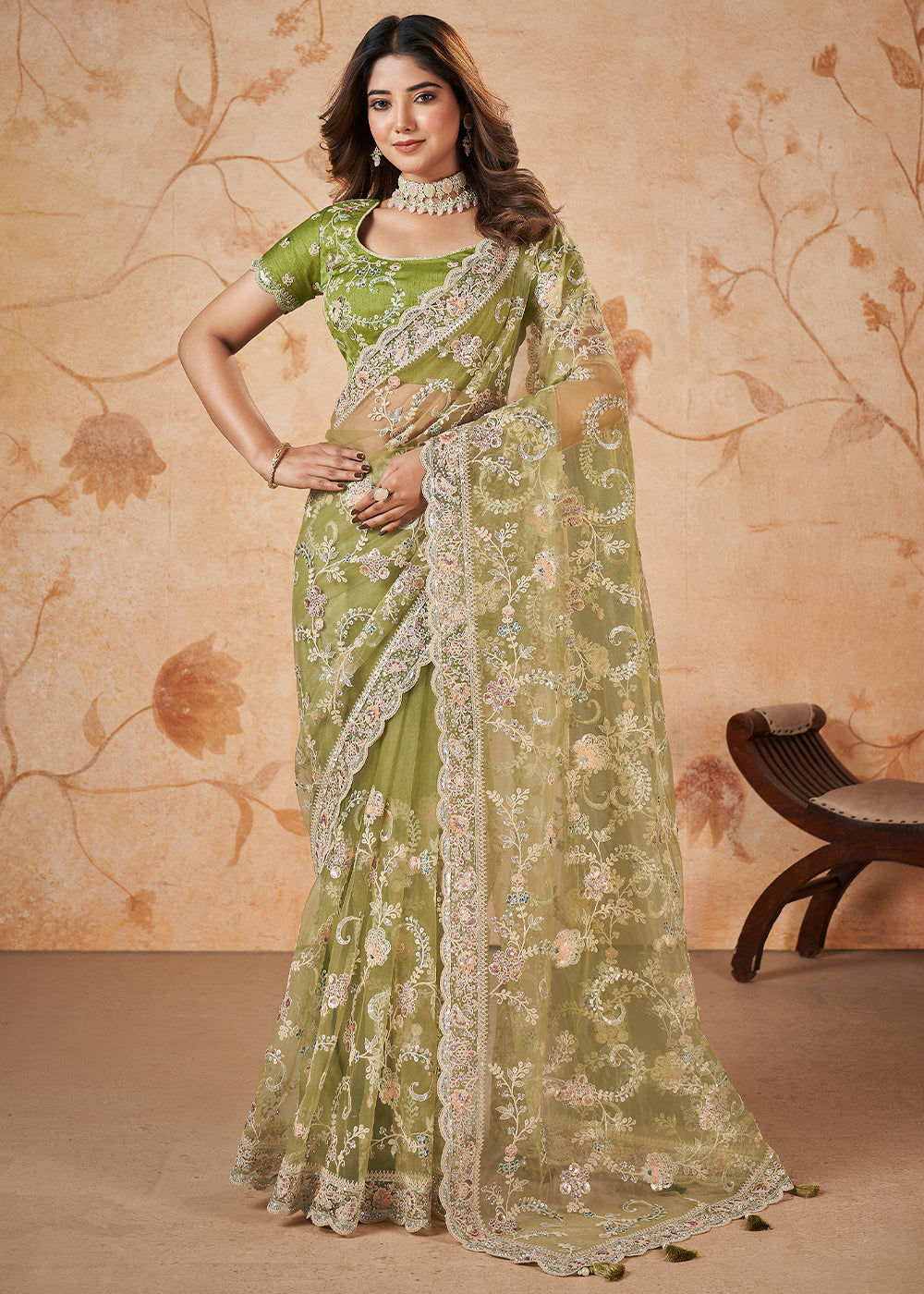 Light Olive Green Net Saree having Sequence & Cord Embridered work