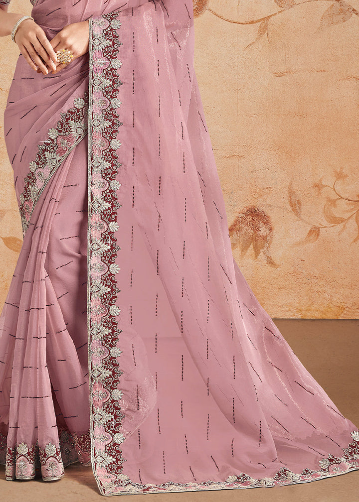 Thistle Purple Organza Tissue Silk Saree with Embroidered Border & Moti work