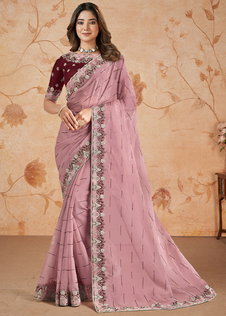 Thistle Purple Organza Tissue Silk Saree with Embroidered Border & Moti work