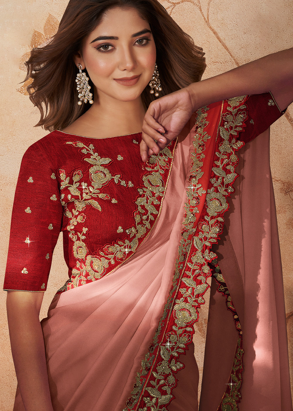 Shades Of Pink Satin Silk Saree having Resham, Zari, Cord Embroidrey & Stone work