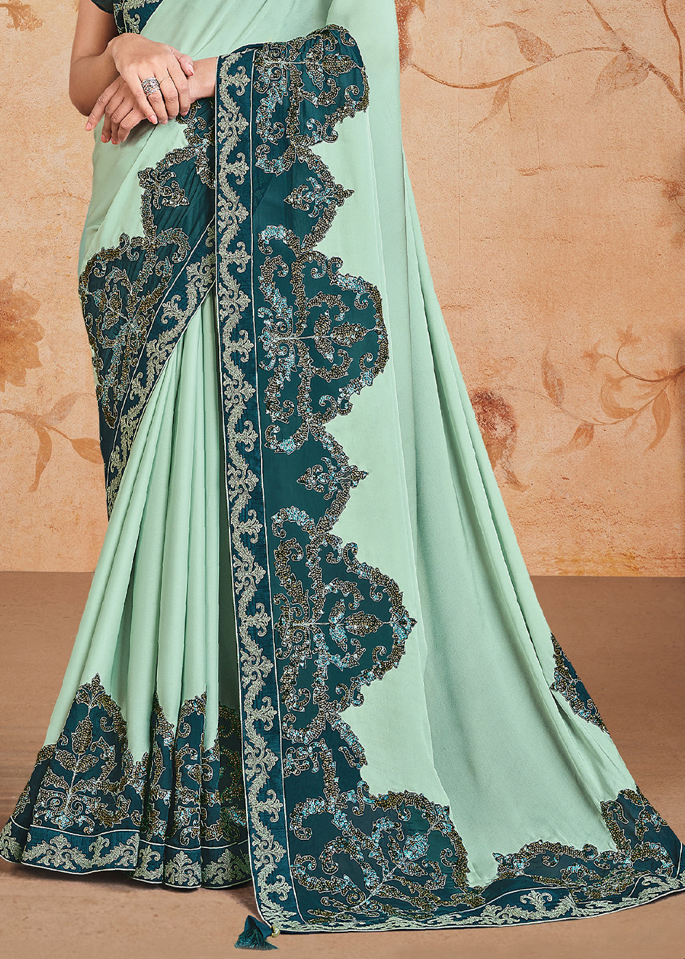 Shades Of Green Georgette Silk Saree having Sequence & Cord Embroiderey & Applique work