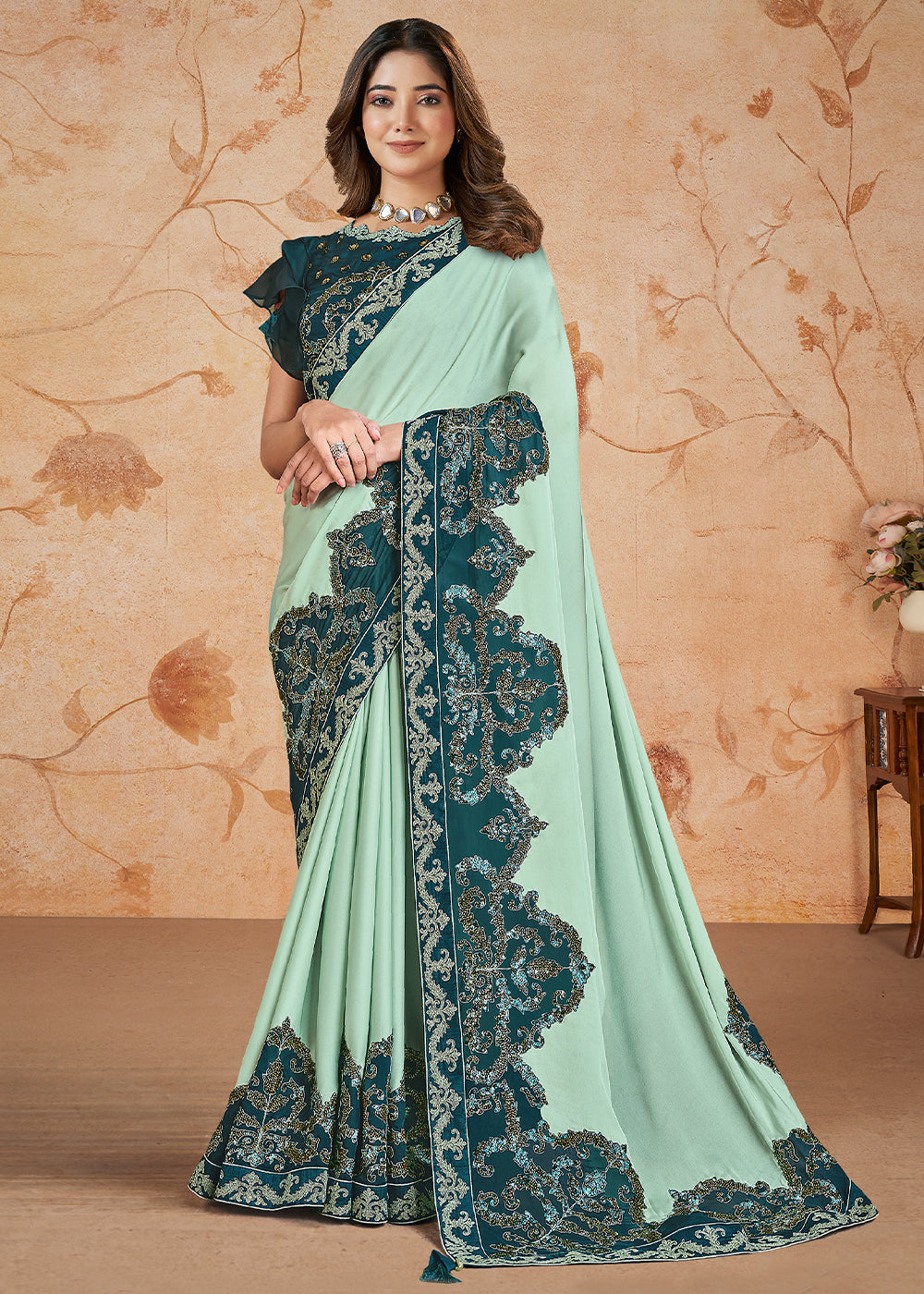 Shades Of Green Georgette Silk Saree having Sequence & Cord Embroiderey & Applique work