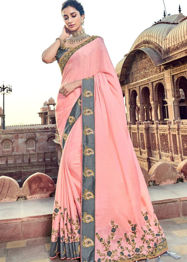 Light Pink colour Silk Saree with Thread Embroidery