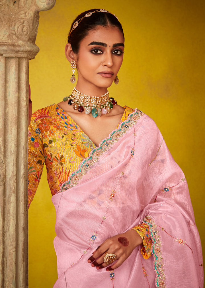 Soft Pink Glass Tissue Silk Saree With Sequins And Thread Embroidered Work