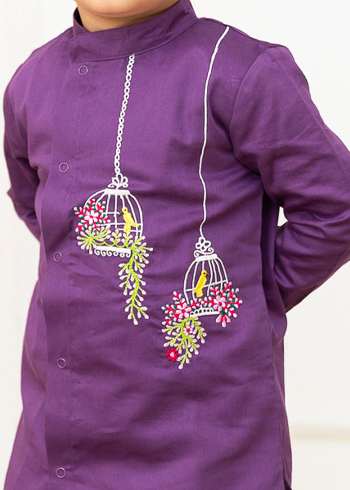 Organic Cotton Embroidered Purple Kurta paired with Patiyala Pants - Birdcages