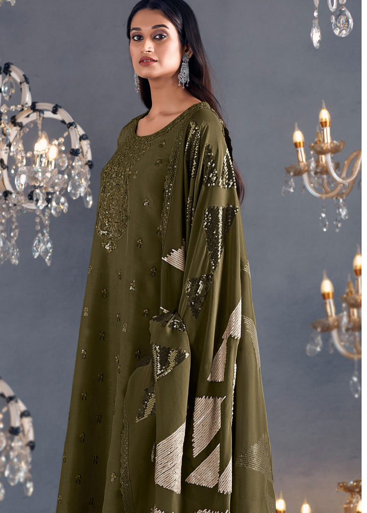 Mehandi green hazel Russian Silk Sequins Salwar Suit