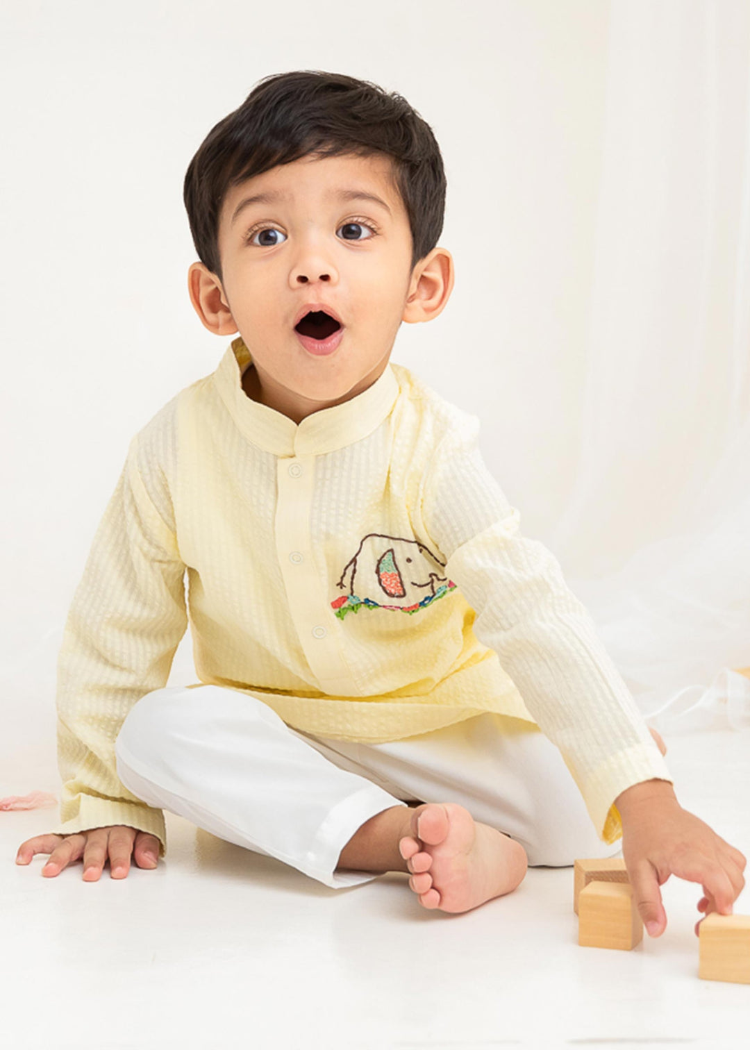 Organic Cotton Hand Embroidered Yellow Kurta paired with Pajama Pants - Elephant