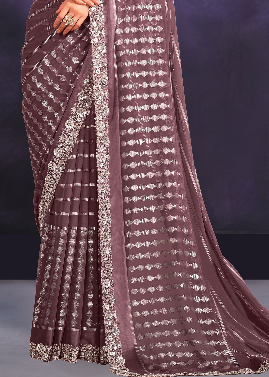 Mauve Purple Georgette Saree with Sequence & Cord Embroidered with Stone Work