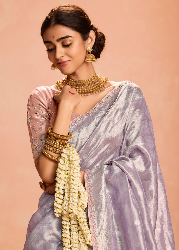 Periwinkle Purple Zari Tissue Silk Saree With Weaving Work And Heavy Embroidery Lace