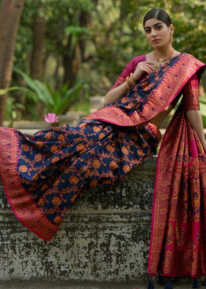 Navy Blue Thread Woven Pashmina Silk Saree With Heavy Thread Woven Pallu