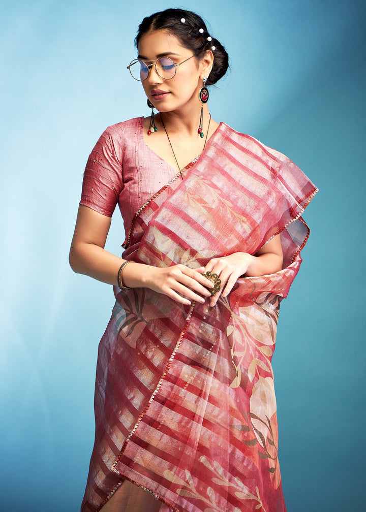 Candy Pink Tissue Silk Saree With Floral Print