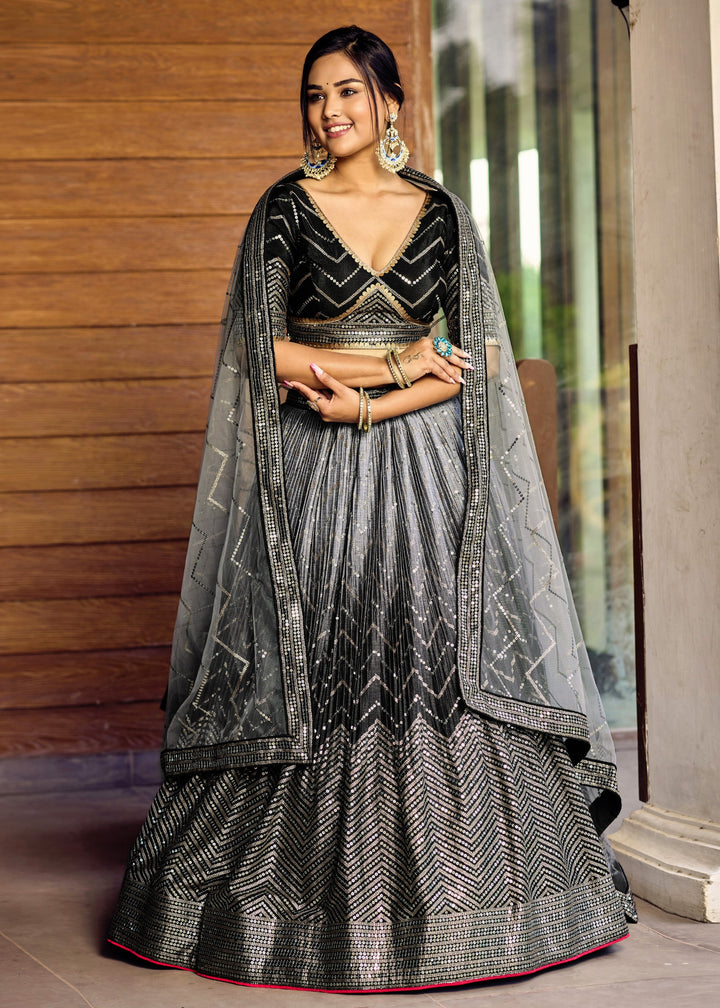 Sparkle Black Chinon Silk Lehenga With Sequence and Thread Embroidery Work