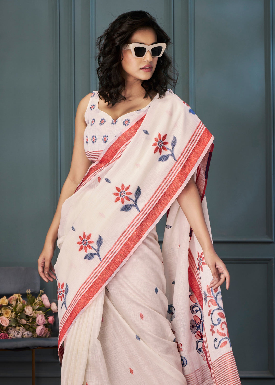 Pearl White Handloom Linen Silk Saree with Beautiful Weaving