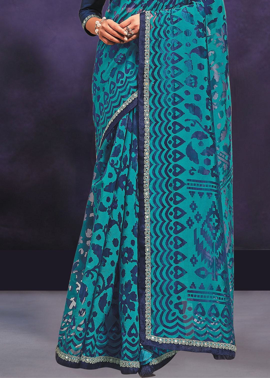 Persian Blue Designer Organza Saree with Cord Embroidered and Mirror Work