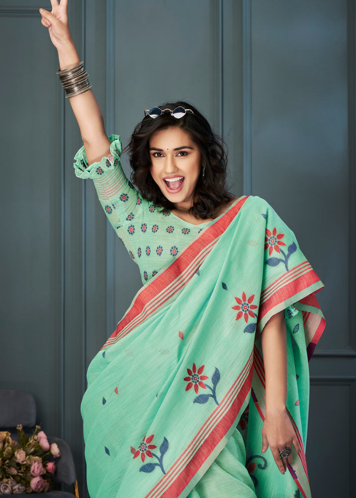 Mint Green Handloom Linen Silk Saree with Beautiful Weaving