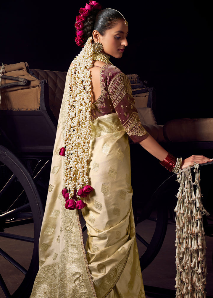 Pearl White Viscose Tissue Silk Saree with Handworked Pallu And Contrast Designer Blouse