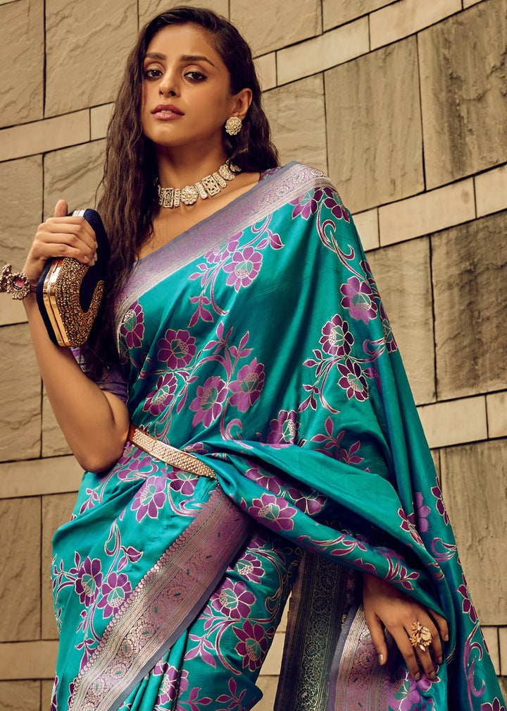 Turquoise Handloom Weaving Satin Saree