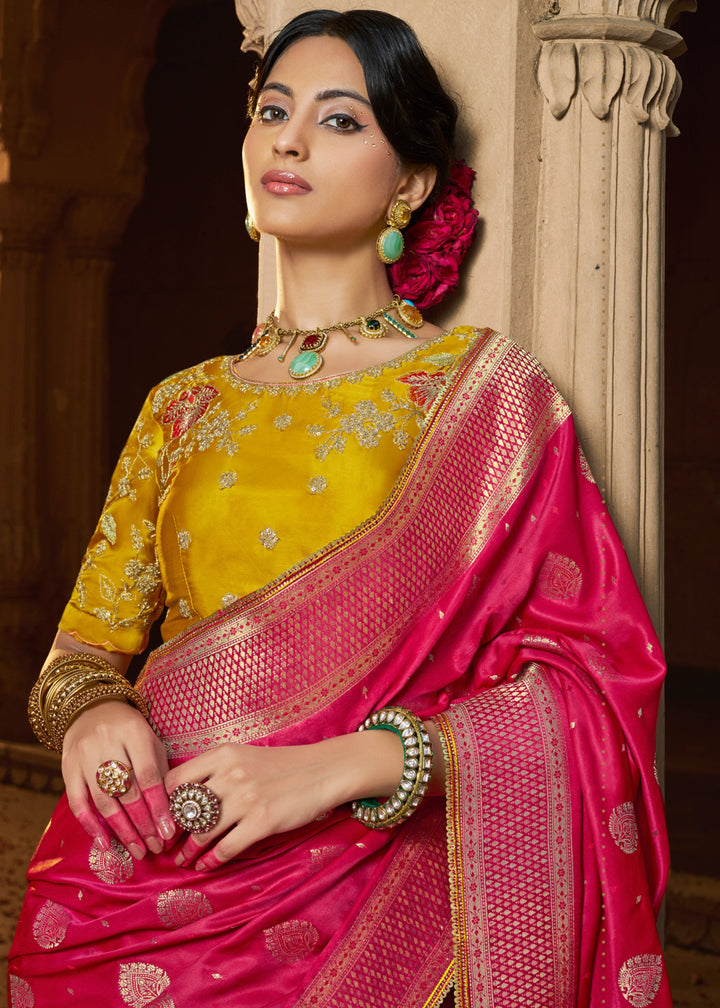 Rani Pink Satin Silk Saree With Beautiful Lace Border And Heavy Designer Embroidered Blouse