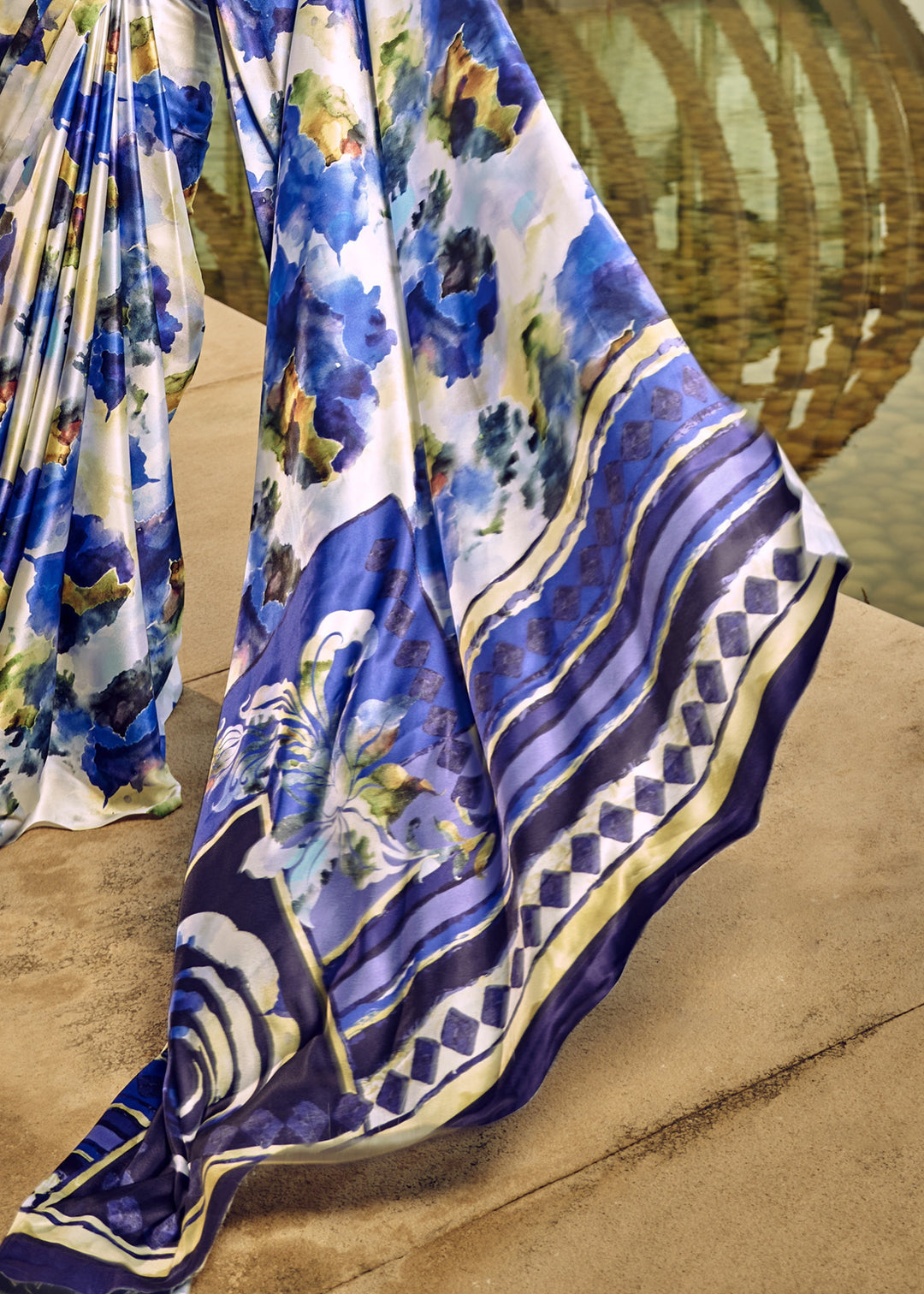 Blue Satin Digital Printed Saree