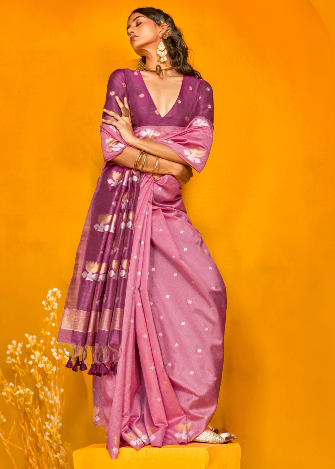 Purple Tussar Handloom Weaving Silk Saree