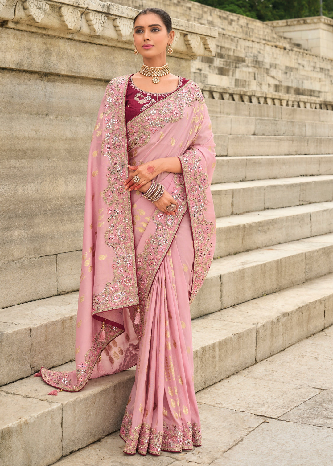 Light Pink Viscose Tissue Silk Saree With Embroidery Cut Work Border And Sequence Work