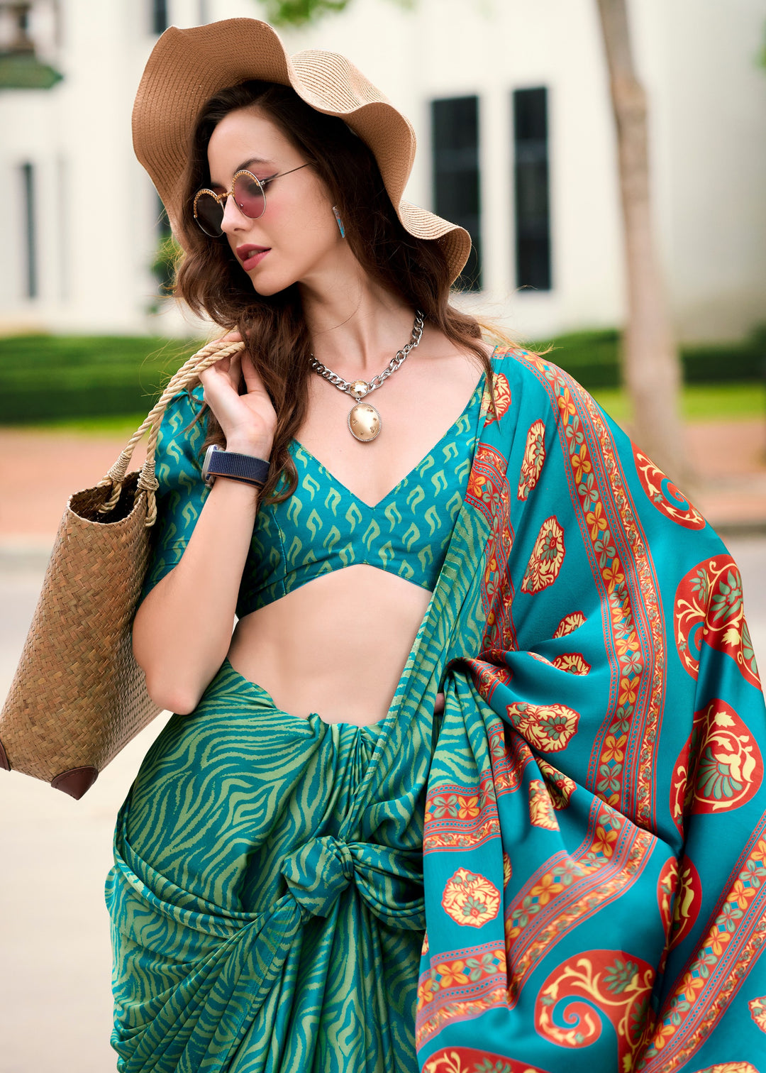 Jade Green Printed Satin Silk Saree