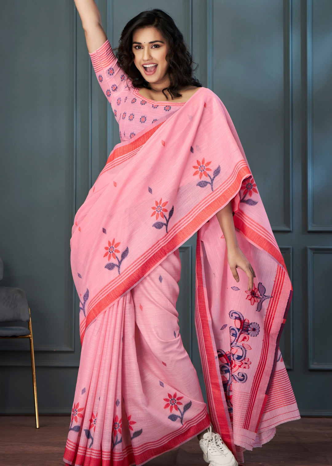 Soft Pink Handloom Linen Silk Saree with Beautiful Weaving