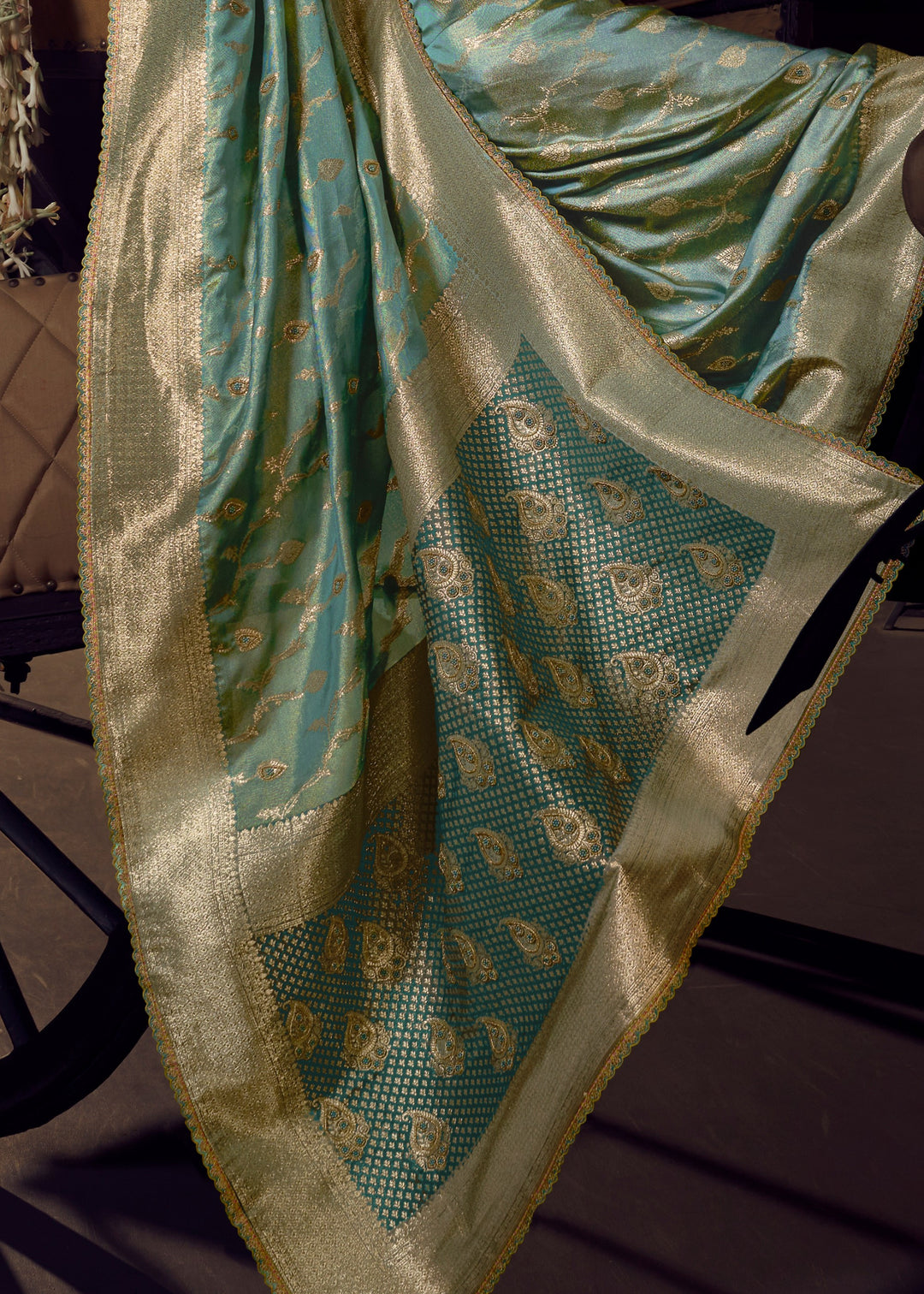 Frost Blue Viscose Tissue Silk Saree with Handworked Pallu And Contrast Designer Blouse