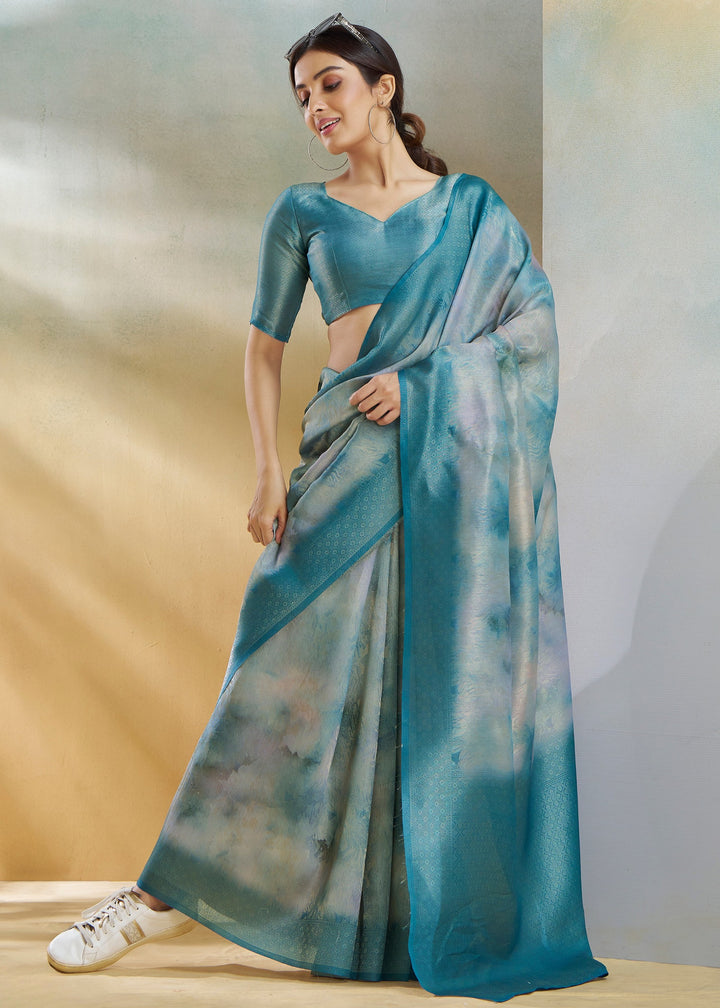 Ocean Blue Handloom Weaving Silk Saree