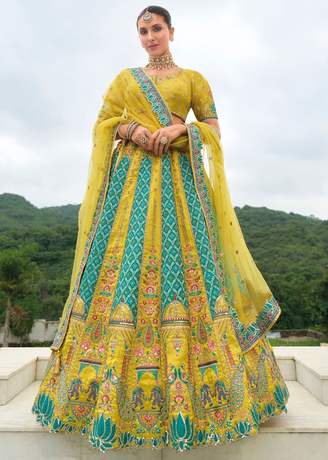 Pear Green Banarasi Silk Lehenga With Heavy Embroidery Work