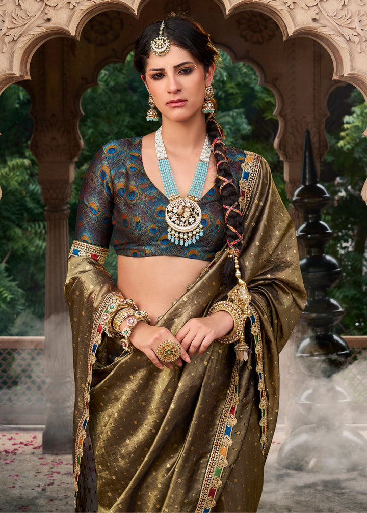 Army Green Tissue Silk Saree With Multicolored Lace & Designer Blouse