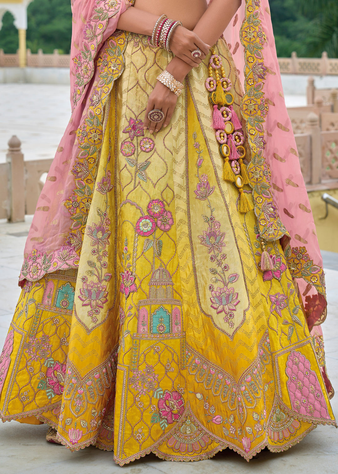 Canary Yellow and Pink Viscose Tissue Lehenga Choli with Embroidery Work (PRE-ORDER)