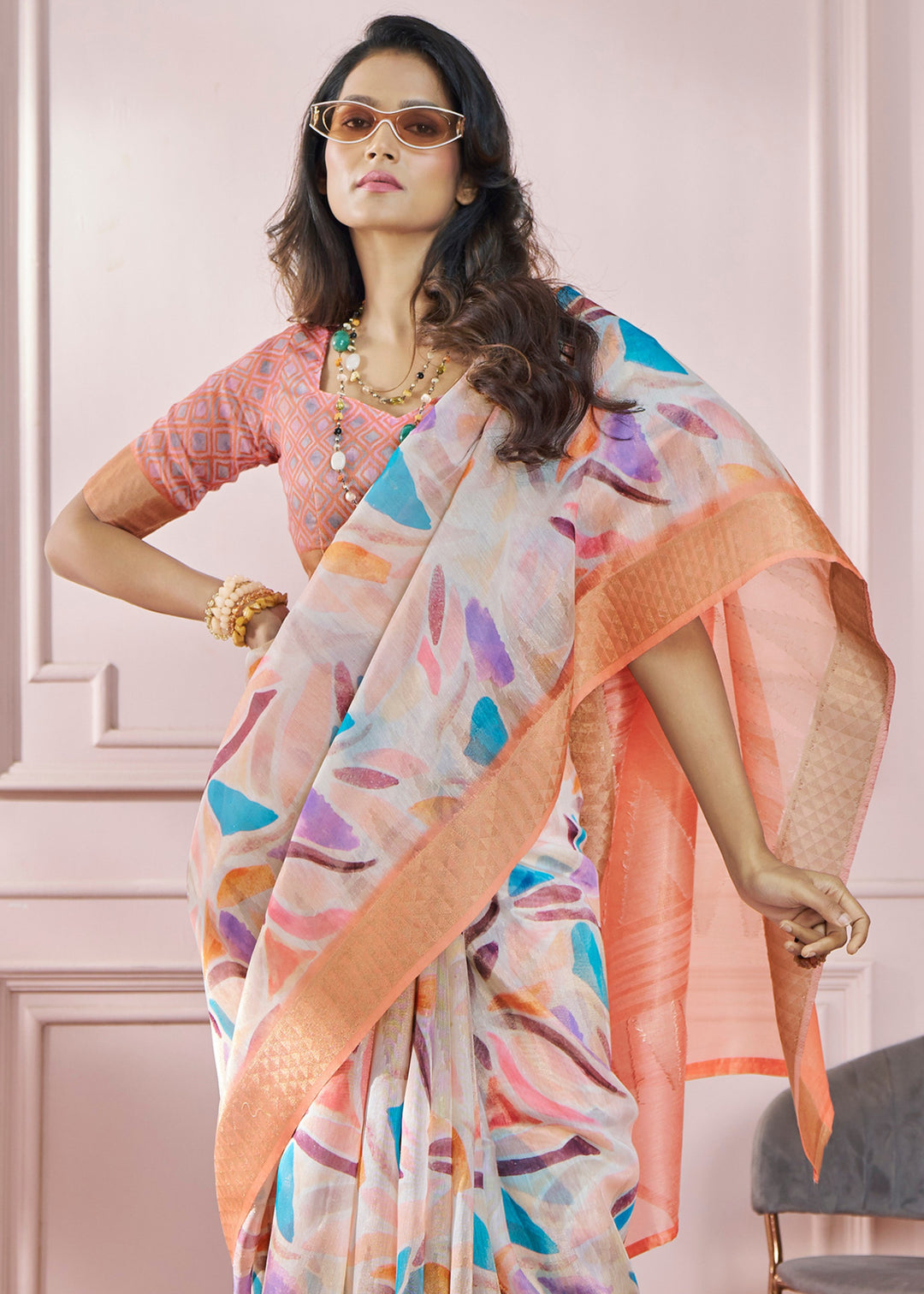 Candy Orange Soft Zari Based Modal Silk Saree With Beautiful Colorfull Print