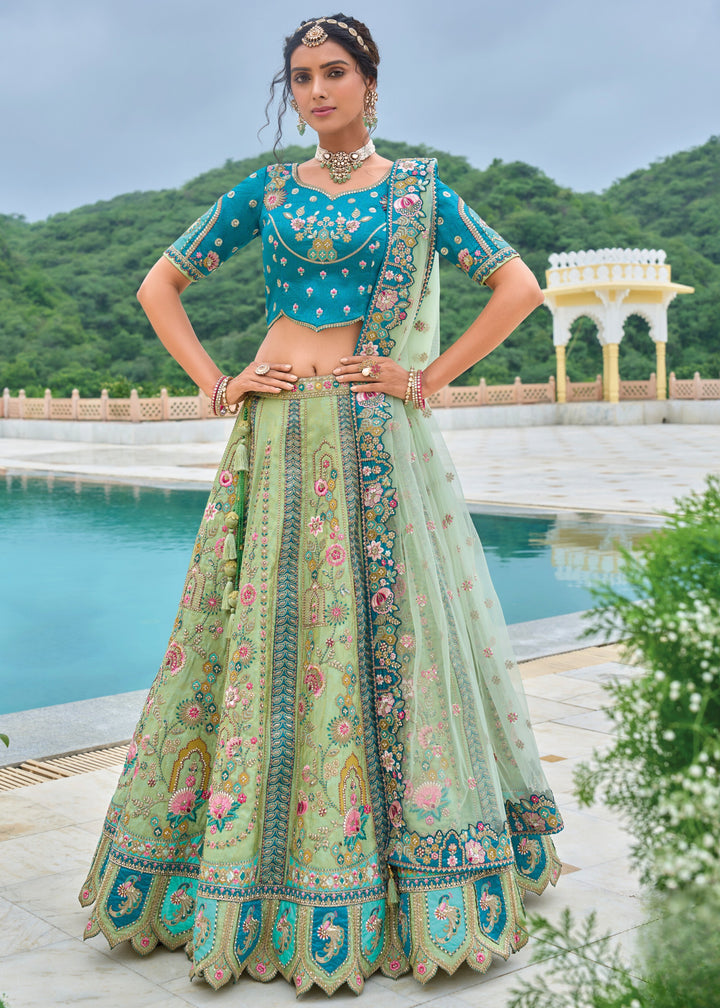 Cerulean Blue and Green Viscose Tissue Lehenga Choli with Embroidery Work