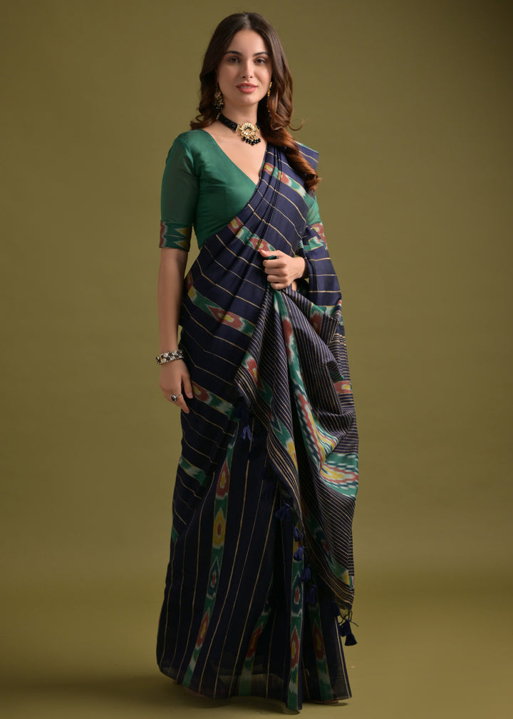 Indigo Blue Soft Ikkat Cotton Printed Saree