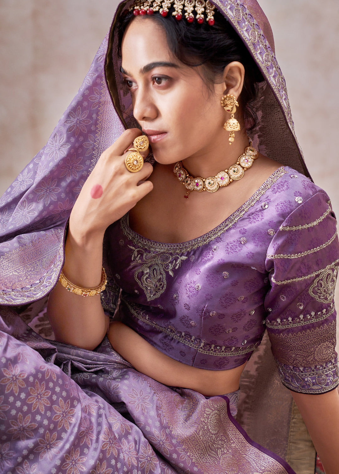 Dark Purple Satin Silk Saree With Heavy Embroidery Lace & Blouse