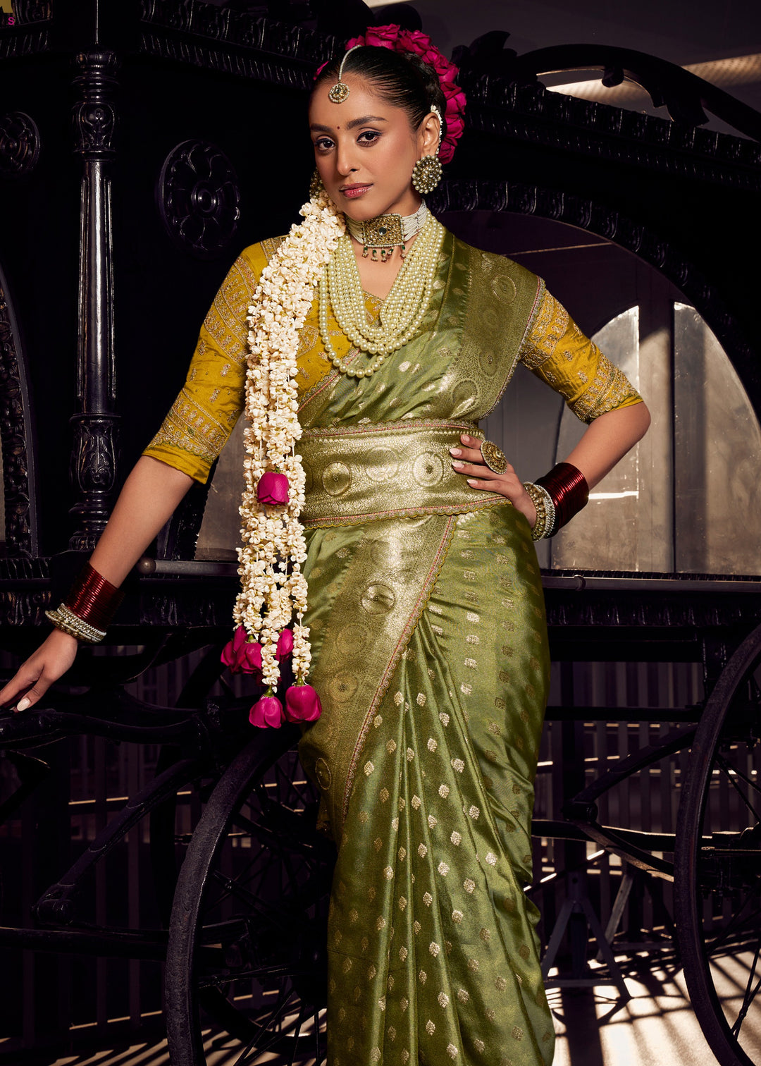 Green Viscose Tissue Silk Saree with Handworked Pallu And Contrast Designer Blouse