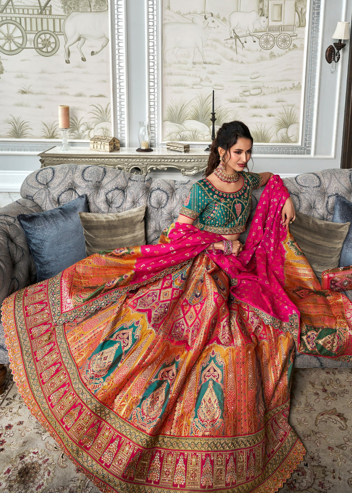 Hot Pink & Green Banarasi Silk Lehenga with Zarkan Codding work