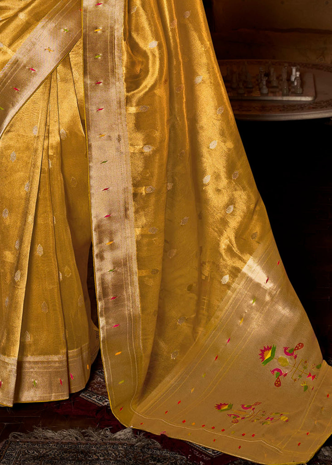 Canary Yellow Pure Tissue Paithani Silk Saree with Heavy Designer Embroidered Blouse