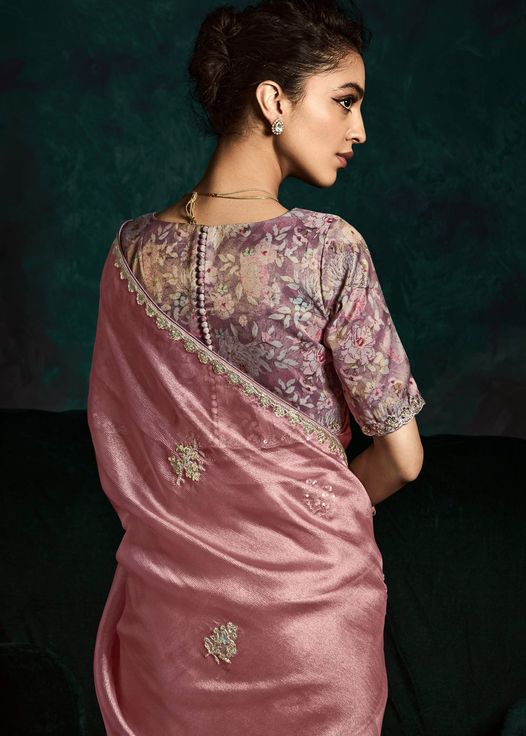 Pretty Pink Fancy Fabric Silk Saree With Sequins And Thread Embroidered Butti Work