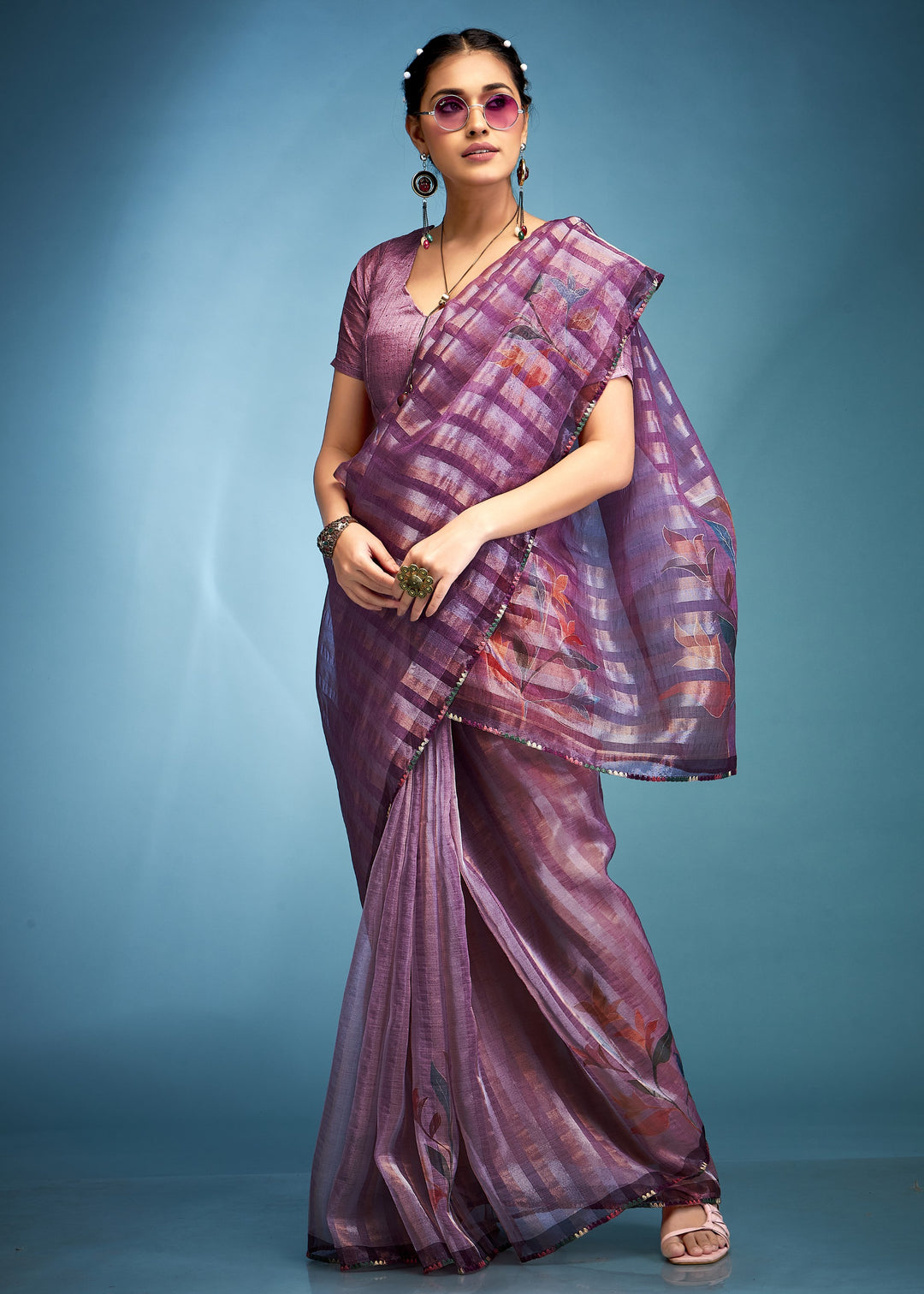 Electric Purple Tissue Silk Saree With Floral Print