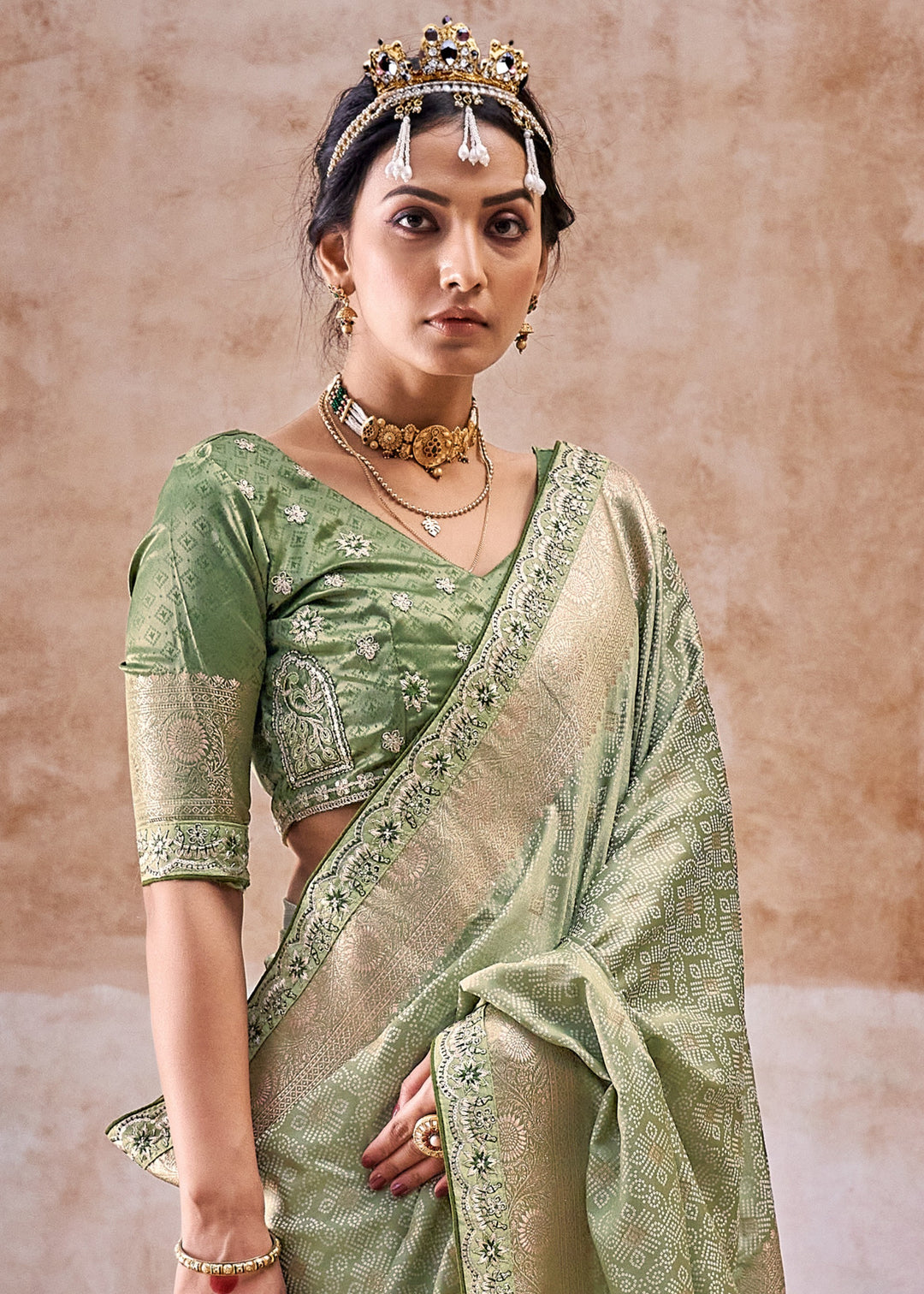 Sage Green Satin Silk Saree With Heavy Embroidery Lace & Blouse