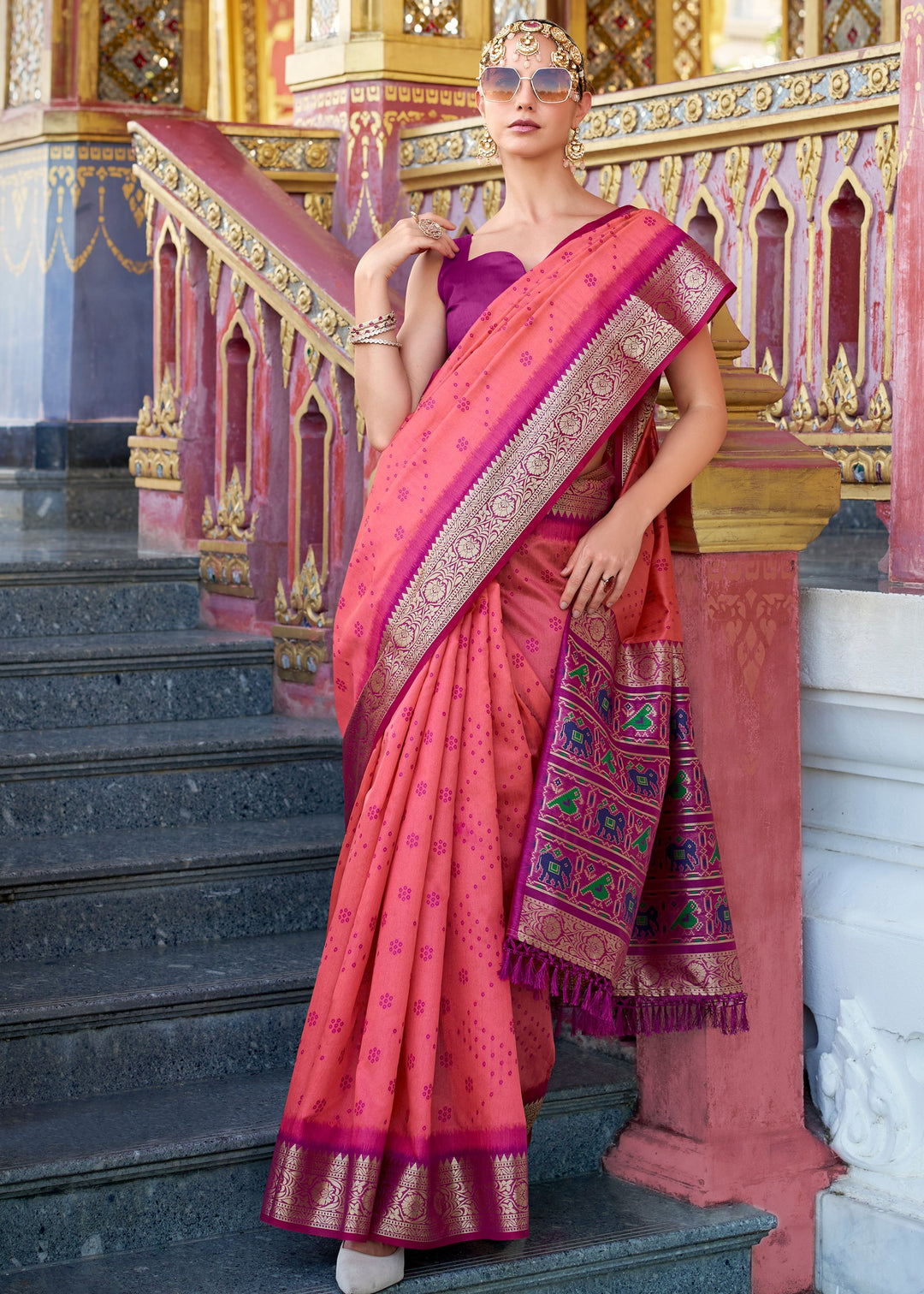 Brink PInk Tusser Handloom Silk Saree With Zari Weaving Border & Patola Weaved Pallu