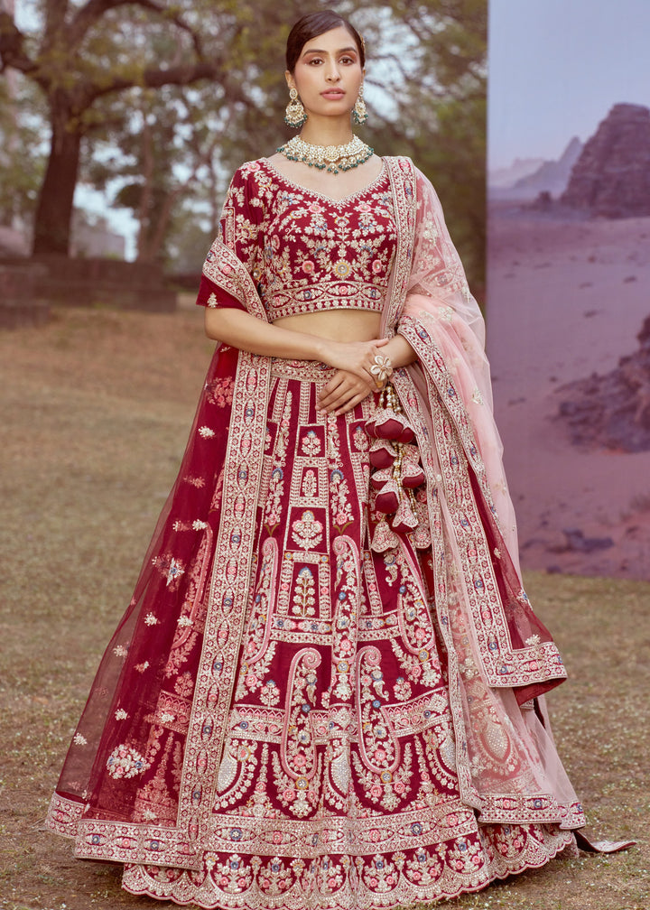 Maroon Pure Silk Moti, Sequins Embroidery Bridal Lehenga