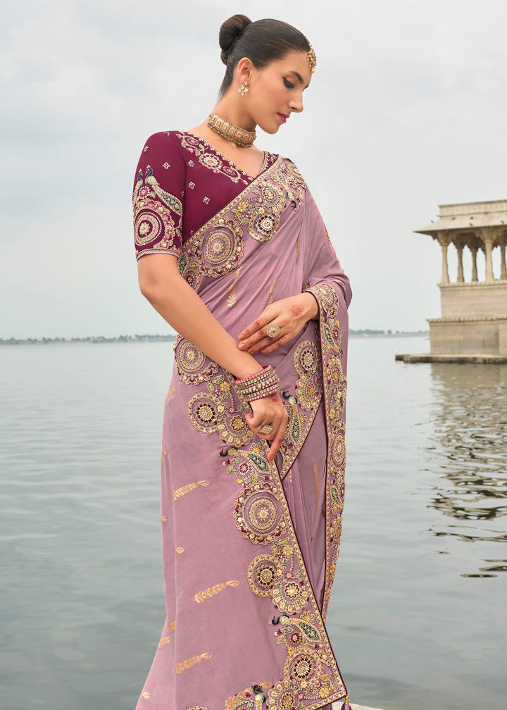 Lilac Purple Viscose Tissue Silk Saree With Embroidery Cut Work Border And Sequence Work