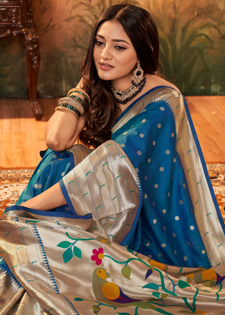 Dark Blue Paithani Silk Saree With Zari Weaving