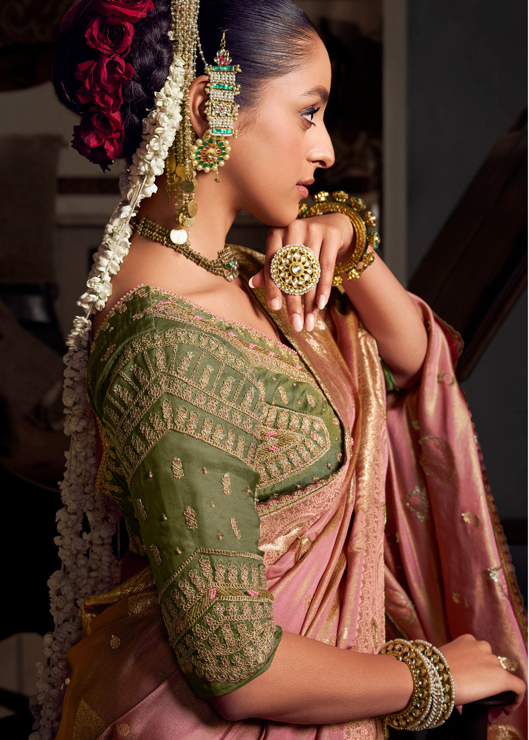 Shades of Pink Viscose Tissue Silk Saree with Handworked Pallu And Contrast Designer Blouse